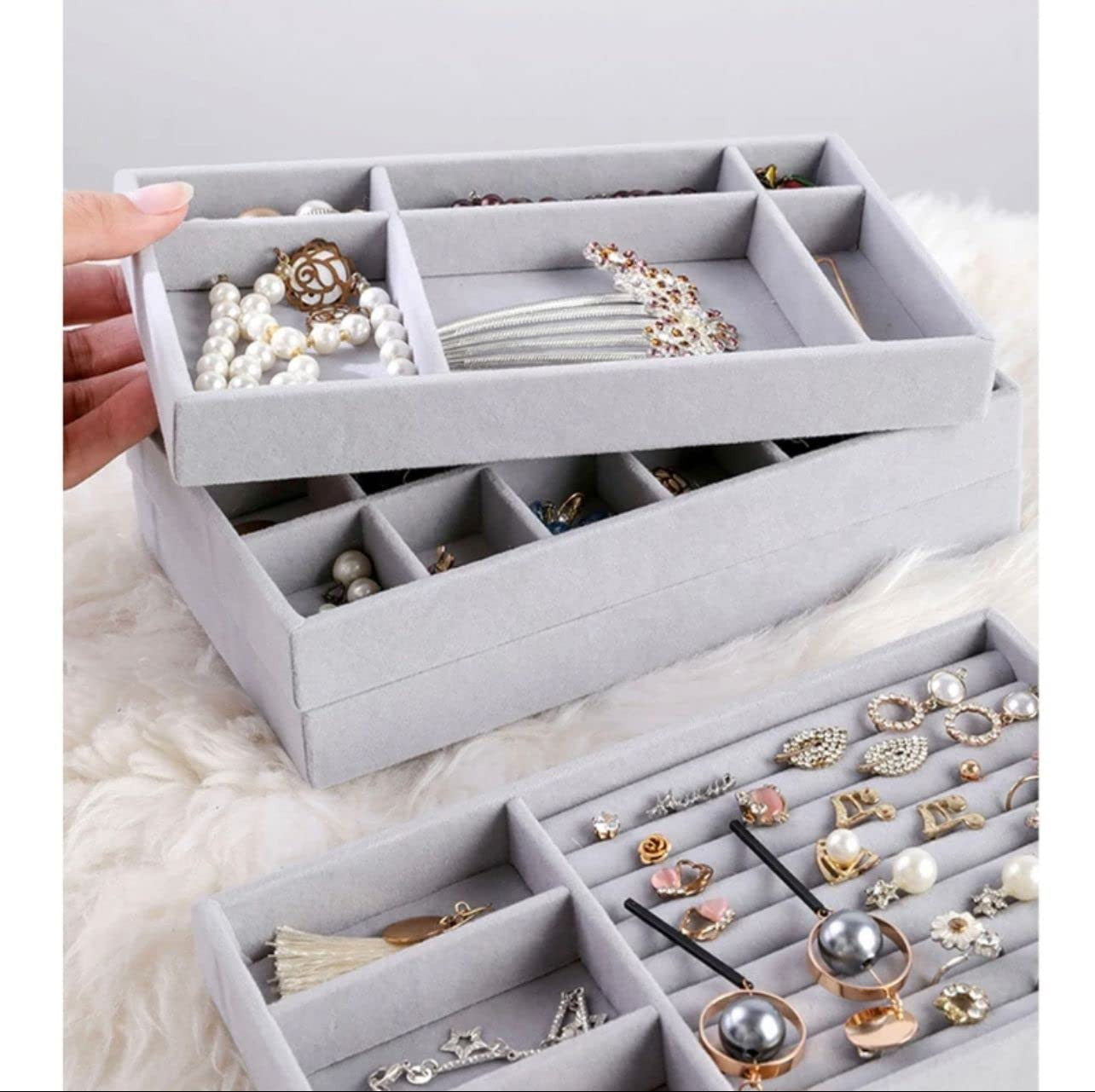 4-Pack Velvet Jewelry Trays – Grey Drawer Organizer & Storage Holder