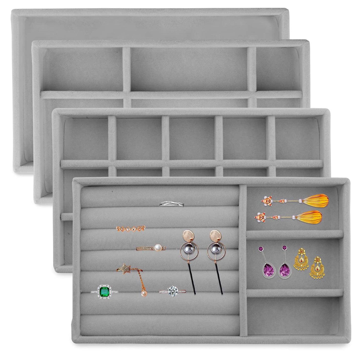 4-Pack Velvet Jewelry Trays – Grey Drawer Organizer & Storage Holder