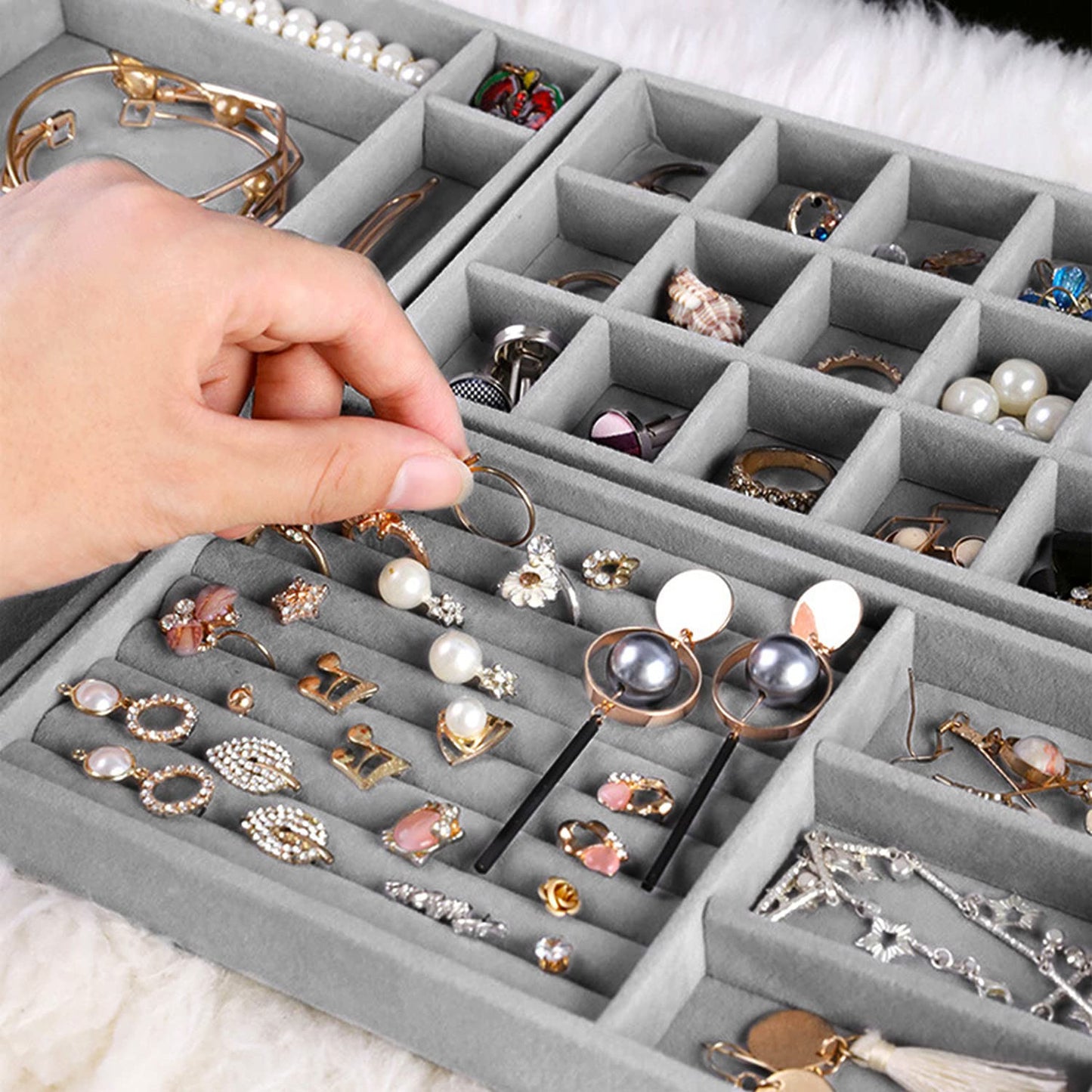 4-Pack Velvet Jewelry Trays – Grey Drawer Organizer & Storage Holder