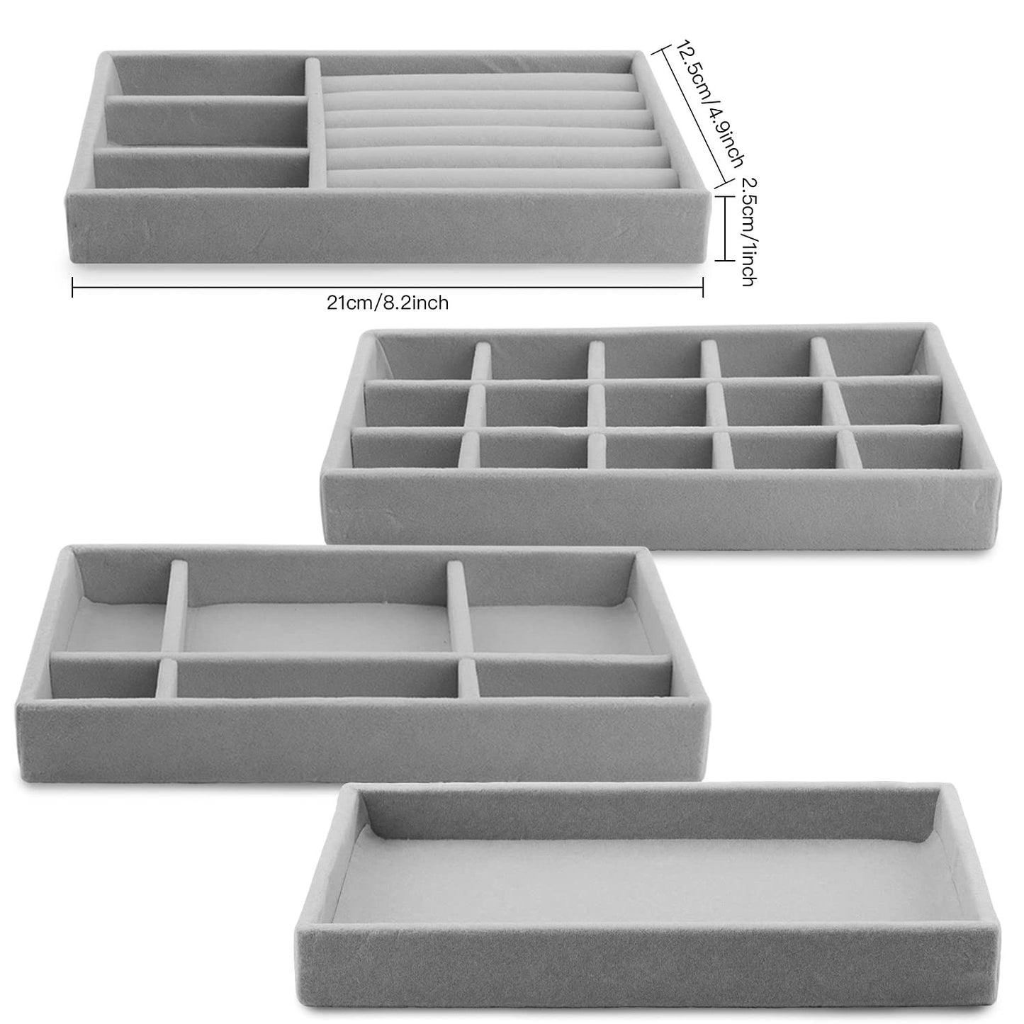 4-Pack Velvet Jewelry Trays – Grey Drawer Organizer & Storage Holder