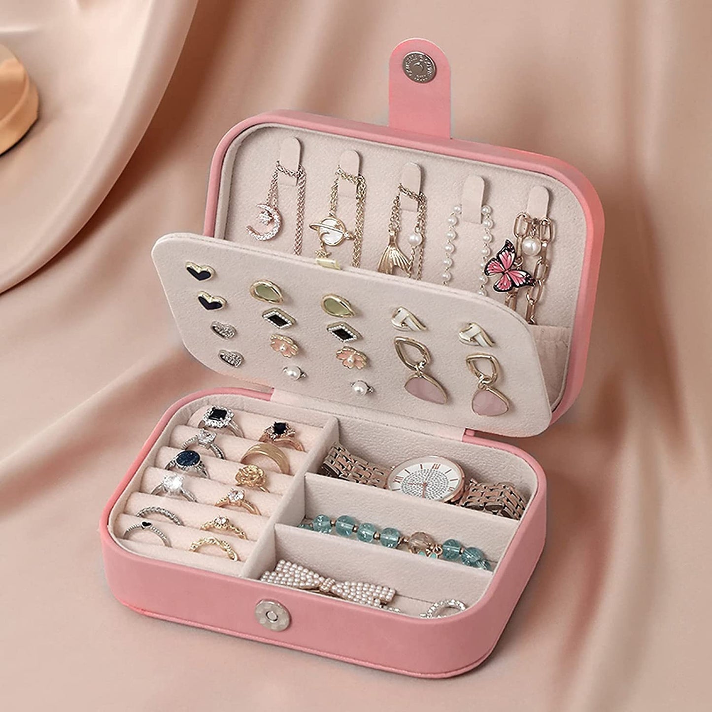PU Leather Jewelry Organizer Box – Portable Zipper Storage Case