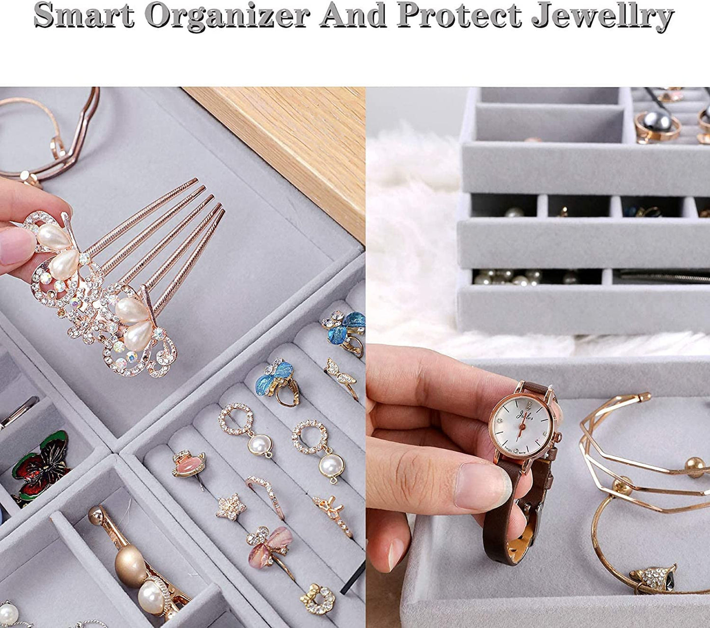 4-Pack Velvet Jewelry Trays – Grey Drawer Organizer & Storage Holder