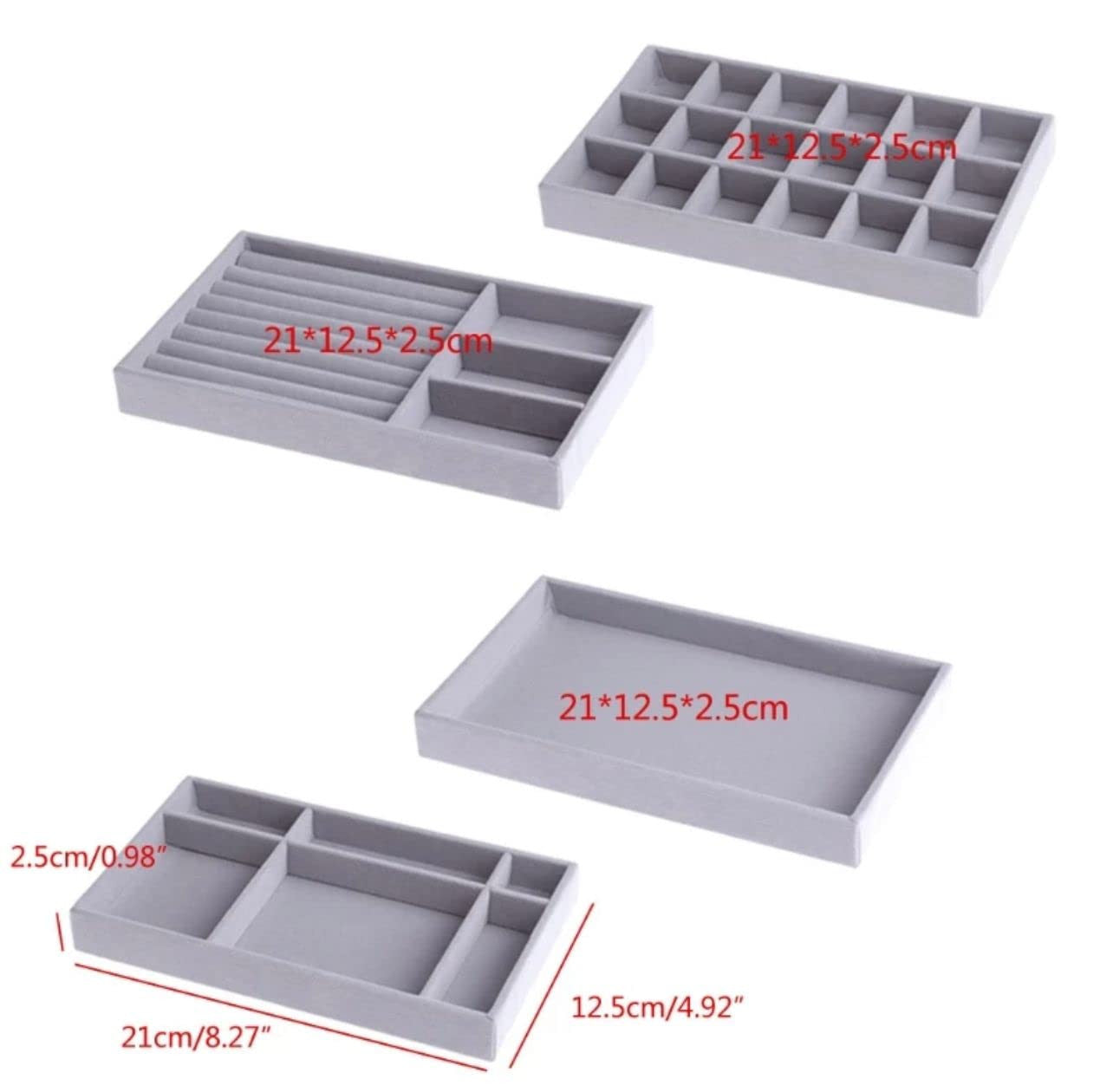 4-Pack Velvet Jewelry Trays – Grey Drawer Organizer & Storage Holder