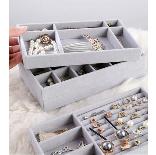 4-Pack Velvet Jewelry Trays – Grey Drawer Organizer & Storage Holder
