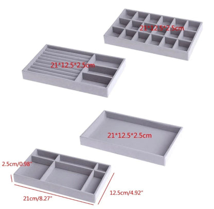 4-Pack Velvet Jewelry Trays – Grey Drawer Organizer & Storage Holder